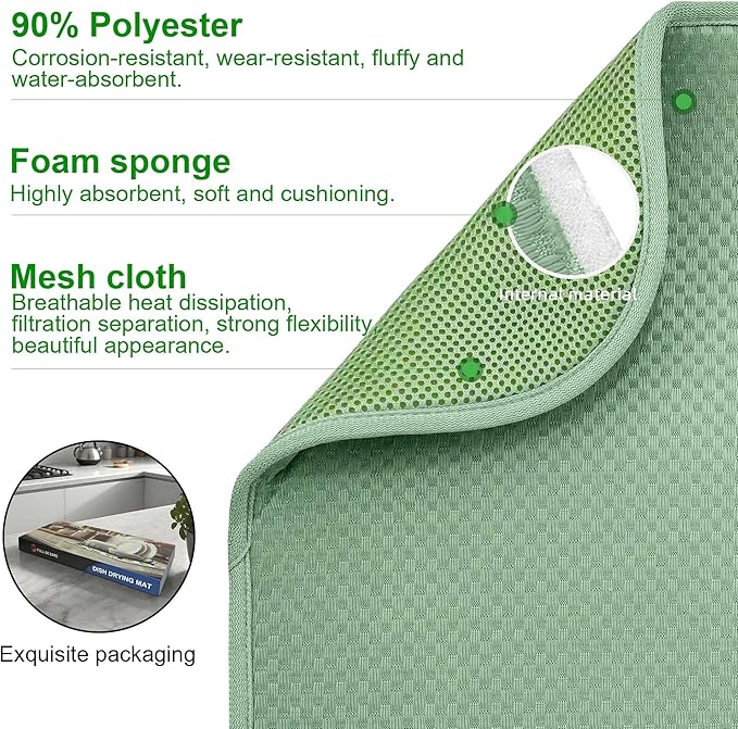 2 Packs Dish Drying Mats for Kitchen Counter, Drying Mat Kitchen Counter, Sage Green Kitchen Dish Drying Mat & Dish Dryer Mat for Drying Dishes, 20 x 15 inches (Green)