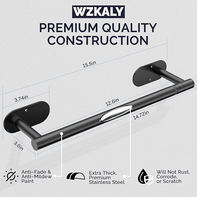 WZKALY Black Paper Towel Holder Under Cabinet, Self Adhesive or Wall Mounted SUS304 Stainless Steel Paper Towel Holder for Kitchen, Bathroom, Farmhouse, Barbecue and Laundry (Matte Black)
