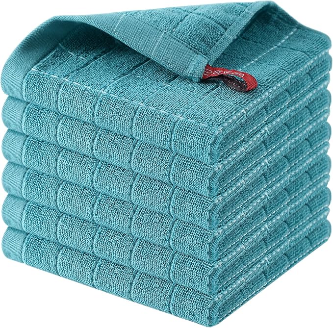 Homaxy 100% Cotton Terry Kitchen Dish Cloths, Ultra Soft and Absorbent Dish Towels for Kitchen, Suitable for Drying and Washing Dishes, 6 Pack, 12 x 12 Inches, Lake Blue