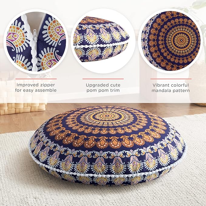 Codi Meditation Floor Pillows, Round Large Pillow Seating for Adults, Bohemian Mandala Circle Floor Cushion for Outdoor Fireplace Yoga Living Room, 32 Inch, Yellow Memory Foam Added