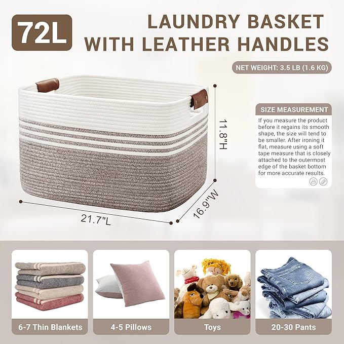 SunNewt 72L Large Laundry Basket with Leather Handles for Living Room Storage, Woven Rope Baskets Bin for Blanket, Kids Toy, Gifts, Wicker Hamper for Bedroom Dirty Clothes, 22"x17"x12" Dark Brown