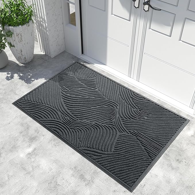 Yimobra Doormat Indoor Outdoor Entrance, Simple Stripes, All-Weather Waterproof & Non-Slip Mat for Front Door, Heavy Duty Polyester Welcome Mat for Garage, Patio-60x36，Dark Grey
