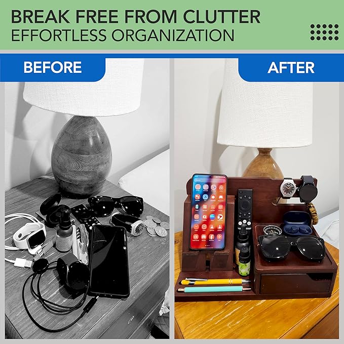 Nightstand Organizer- Bedside Docking Station for Men- Unique Gifts for Husband, Father or Dad from Wife, Son or Daughter- Desk Organizer for Phone, Watches, Wallet & Accessories (Brown)