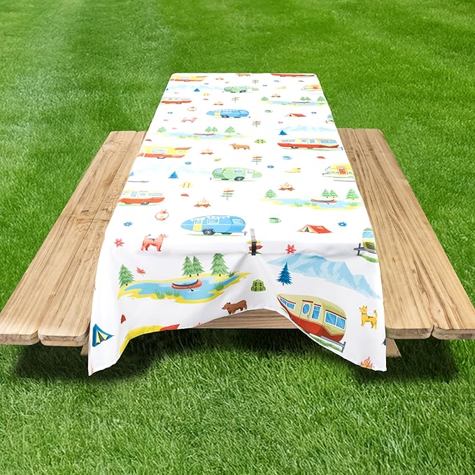 Extra Thick Camping Tablecloth with Clips & Storage Bag, Picnic Tablecloth, Fits 4ft to 8ft Picnic Tables, Polyester, Washable, Spill & Stain Resistant, Water Repellent - Cute Campers