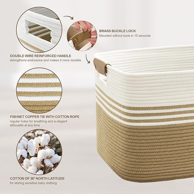 SunNewt 86L Extra Large Laundry Basket with Leather Handles for Living Room Storage, Woven Rope Baskets for Blanket, Kids Toy, Gifts, Wicker Hamper for Bedroom Dirty Clothes, 24"x16"x14" Khaki