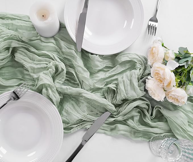 Bailarina 25 Pack Cheesecloth Table Runner 17x108 Inch Long Gauze Cheese Cloth 9ft Wrinkled Sheer Table Runner for Wedding Reception Birthday Party Table Decoration (Sage Green)