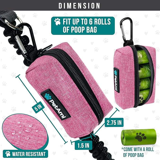 PetAmi Dog Poop Bag Holder for Leash, Dog Treat Pouch Leash, Pet Waste Bag Dispenser with Clip, Doggy Puppy Walking Accessories Supplies with 1 Dog Bag Roll (Pink, 1 Pack)