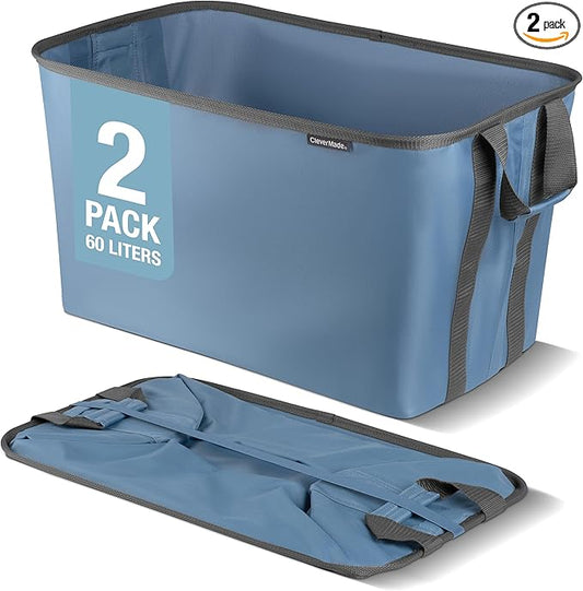CleverMade Collapsible Laundry Basket Hamper - Denim Shadow Gray 2-Pack 60L - Space Saving Storage Organizer with Handles Foldable Home Organization