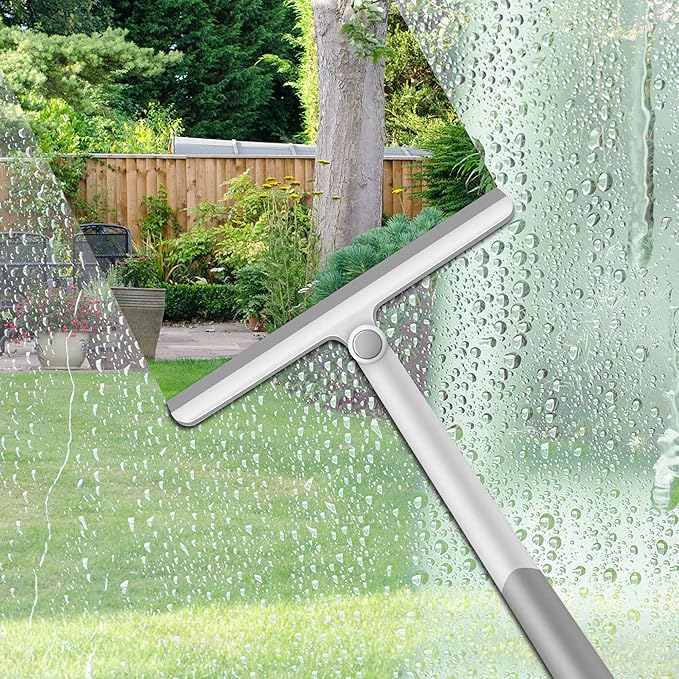 WONDAY Shower Squeegee for Glass Doors, 12" Long Handle Window Squeegee Cleaning Tool, Streak-Free Silicone Blade for Bathroom Mirror, High Windows, Car Windshield (2 Pack, Grey+Green)