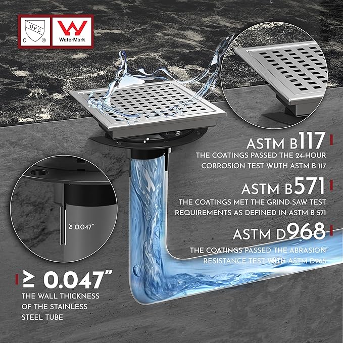 WEBANG 6 Inch Square Shower Floor Drain with Flange,Quadrato Pattern Grate Removable,Food-Grade SUS 304 Stainless Steel,Watermark&CUPC Certified,Brushed