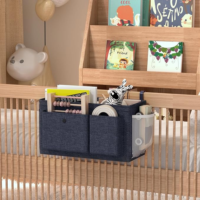 Bedside Caddy Bedside Organizer with Fixed Straps & Water Bottle Holder, Bunk Bed Caddy ideal for Home, Dorm, Hospital, Crib, Versatile Bedside Storage Solution (Navy 2pcs)