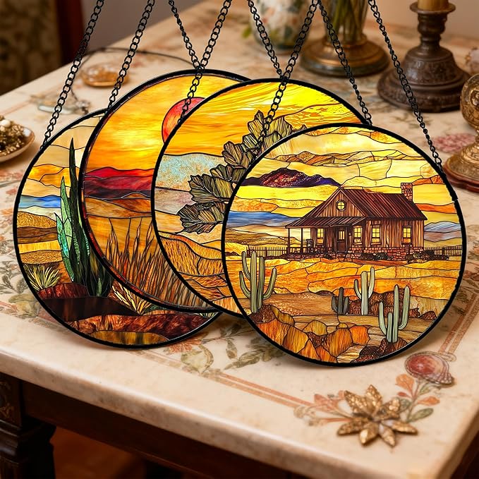 Stained Glass Window Hanging 4 Pcs Set Desert Sunset Theme Landscape 9.8" - Suncatcher Door Garden Sun Catcher Decor Birthday Christmas for Mom Woman Nana Men