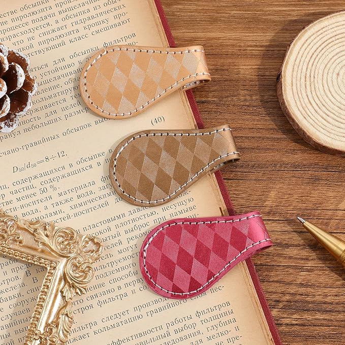 3PCS Vintage Magnetic Leather Bookmark, Leather Magnetic Bookmarks for Women, Magnetic PU Bookmarks Clip Book Accessories, Rhombic Pattern