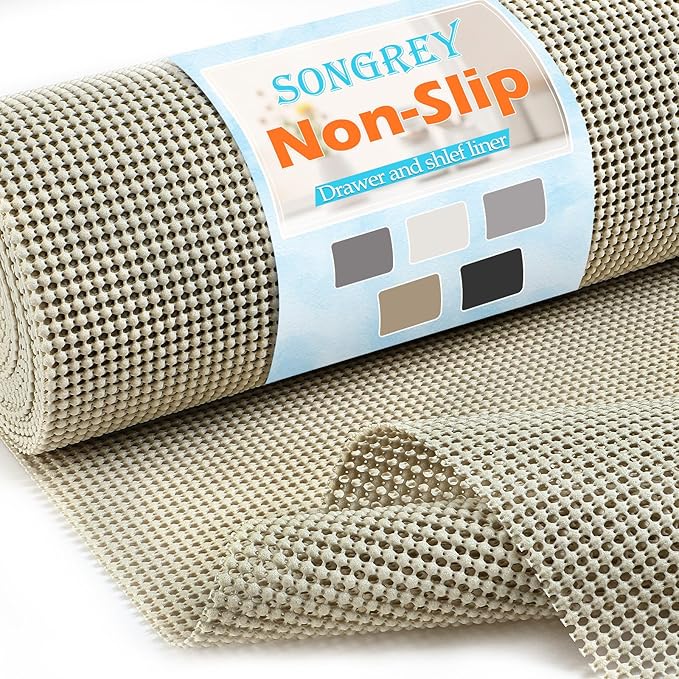 Songrey Non-Adhesive Drawer and Shelf Liner, Non Slip Cabinet Liners, Protect Kitchen Cupboard, Bathroom Drawers, Breathable, Thick Strong Grip mat (12IN x 20FT, Beige)