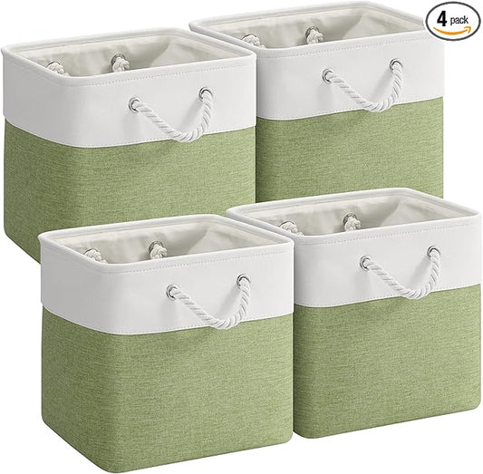 VQRTEXA 12 x 12 Inch Cube Storage Bins, 4 Pack Fabric Storage Basket with Handles, Foldable Boxes Organizer for Shelf Baskets for Home, Clothes (White/Green)