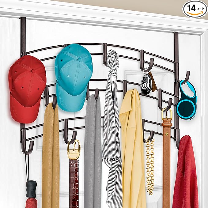LYNK Professional® Home™ Over the Door Hooks - 14 Hook – Over the Door Coat Rack - Over the Door Hanger - Hanging Towels or Clothes - Bathroom, Bedroom, Laundry Room - Lifetime Ltd. Warranty, Bronze