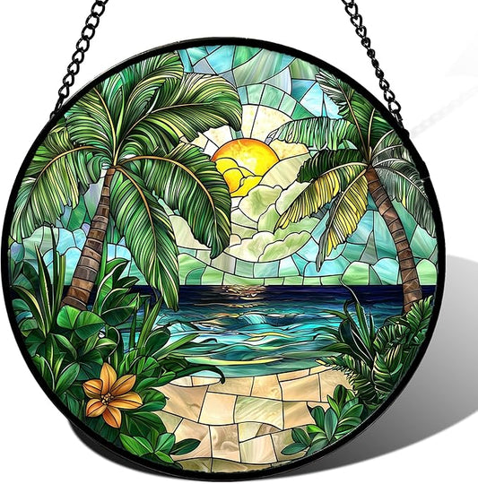 Stained Glass Window Hanging, Green Beach Scenery Suncatcher Diamond Glass Panel Hangings Sun Catchers Decor for Birthday for Women, Men, Wife, Aunt, and Mom 14.9x14.9 in