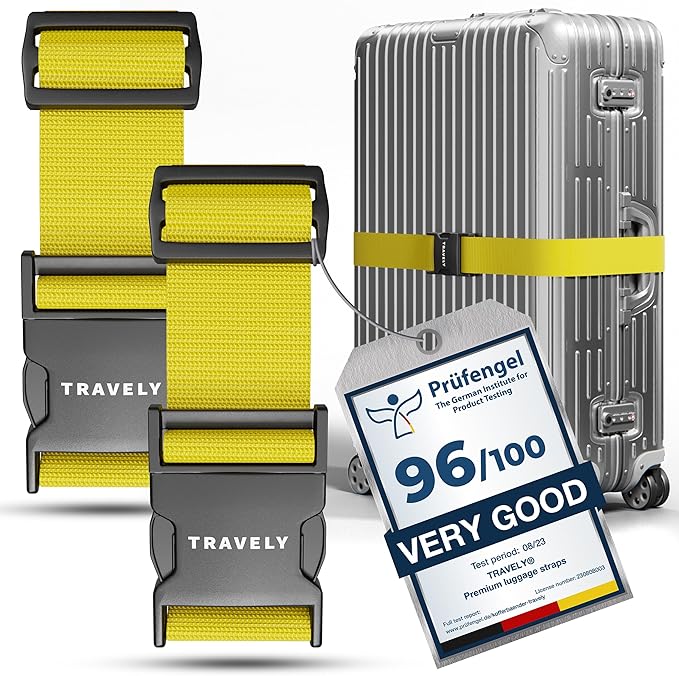 TRAVELY Luggage Straps - Especially Eye-Catching & Secure - Incl. 2 Name Tags - Ideal for Cross-Strapping Luggage - [Set of 2]