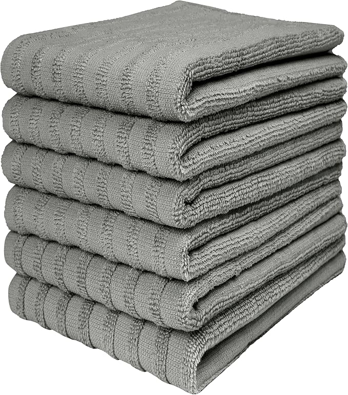 Premium Kitchen Towels (20”x 28”, 6 Pack) | Large Cotton Dish Towels 450 GSM | Highly Absorbent Terry Kitchen Linen Set with Hanging Loop | Gray Solid