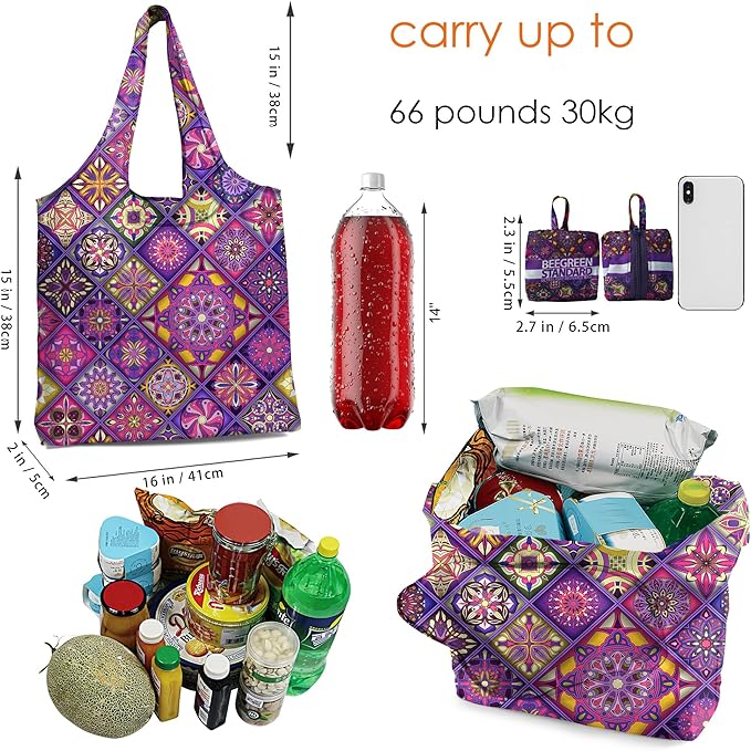 BeeGreen Boho Reusable Grocery Bags Foldable Machine Washable Reusable Shopping Bags Extra Large Reusable Bags Totes 66 Lbs Ultra-Lightweight Polyester Fabric