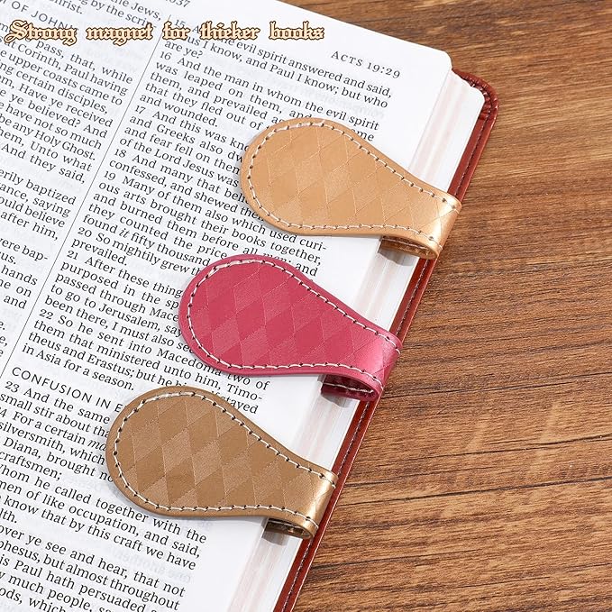 3PCS Vintage Magnetic Leather Bookmark, Leather Magnetic Bookmarks for Women, Magnetic PU Bookmarks Clip Book Accessories, Rhombic Pattern