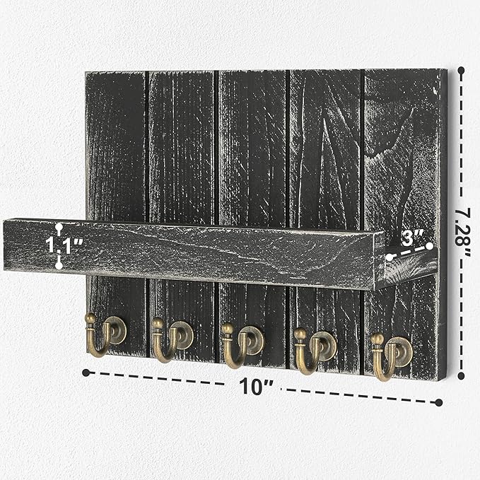 Rebee Vision Pine Wood Key Holder Wall Mount with Shelf – Farmhouse Key Holder for Wall & Sunglass Organizer for Entryway – Perfect for Living Room Decor (3.54" x 10" x 7.28", Old Black)