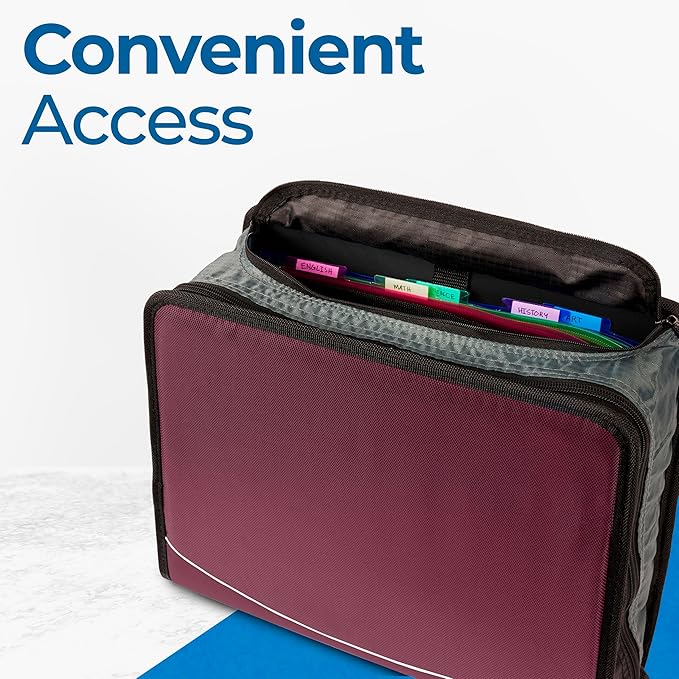 Case-it Mighty Zip Tab School Zipper Binder | 3-Inch O-Rings, 600-Sheet Capacity, 5-Subject Expanding File Folder, Multiple Pockets & Storage Organizer, Shoulder Strap | D-146 Red Burgundy