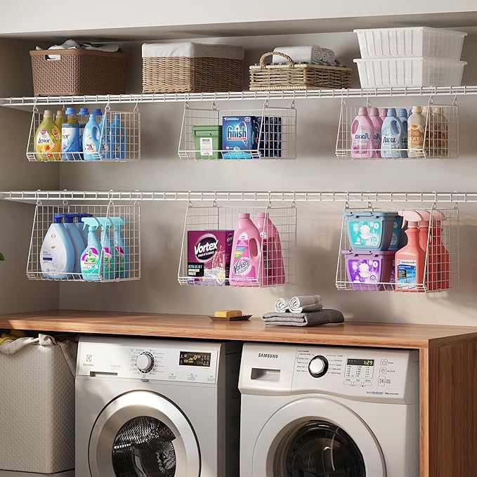 4-Tier Hanging Laundry Room Organizer: Foldable Wire Shelf Basket with 2 Large 1.65" Hooks & 360° Rotating Hooks – Space-Saving Laundry Storage Basket, for Wardrobe Closet Storage, White Patent