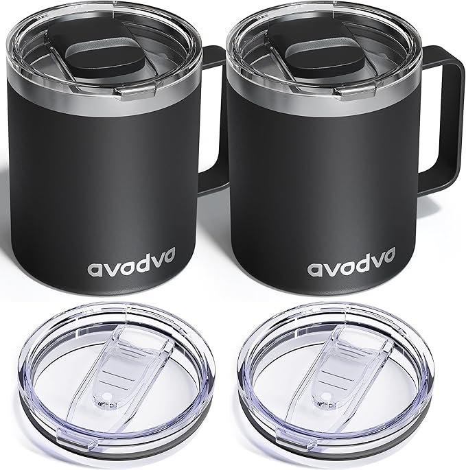 2 Pack 12oz Insulated Coffee Mug with Lids – Double Wall Stainless Steel Travel Cups with Handle, Keep Hot & Cold Drinks, Ideal Gift for Coffee Lovers, Home, Office & Camping, Black