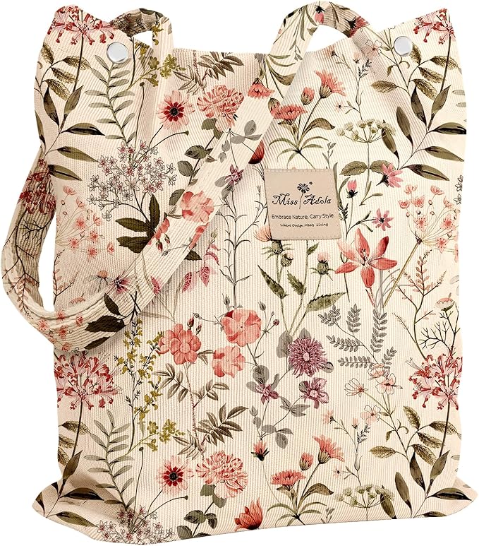 Miss Adola Corduroy Tote Bag for Women - Reusable Totes with Pocket & Buckle Cute Aesthetic Shoulder Bag for Work Travel