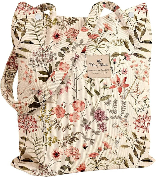 Miss Adola Corduroy Tote Bag for Women - Reusable Totes with Pocket & Buckle Cute Aesthetic Shoulder Bag for Work Travel