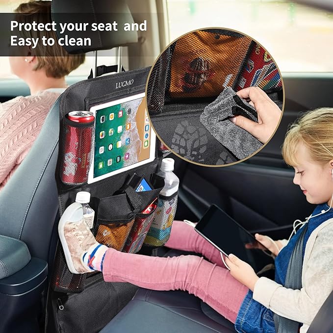 LUCMO Car Backseat Organizer with Touch Screen Tablet Holder - 2 Pcs, 9 Storage Pockets Car Storage Organizer, Protectors Kick Mats Travel Accessories for Kids - Black