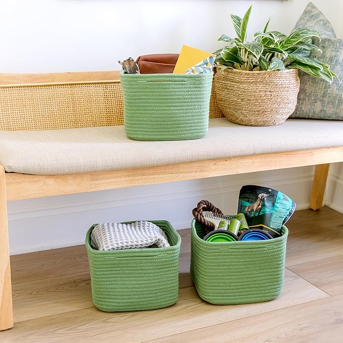 NaturalCozy Storage Cubes 9”x9”x7” Cotton Rope Woven Baskets for Organizing 3-Pack | 9 Inch Cube Storage Bin | Small Basket for Shelf Nursery, Pantry, Decorative Plant, Bathroom Closet, Toy Gift
