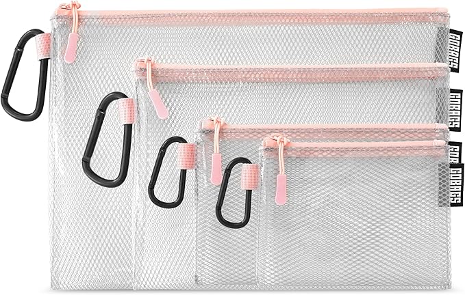 GOBAGS Air Production Multi-Size Clear Zipper Pouch (4-Pack) – Cable Organizer & Travel Gear Bag for Electronics, Camera Accessories, Tool Pouch & Small Tech Storage (Pink)