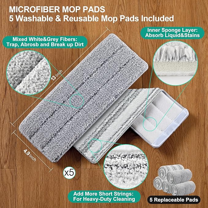 JOYMOOP Mop and Bucket Set, Flat Mops for Household & Commercial Floor Cleaning, Wet Dry Mops for Walls & Hardwood Floors, Wall Cleaner with Long Handle, Includes 5 Microfiber Pads