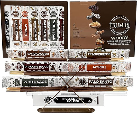 Woody Incense Sticks Variety Pack - 120 Insence-Sticks (6 Incents x 20 Insense) - White Sage Palo Santo Dragons Blood Sandalwood - Natural Inscents-Sticks Non Toxic Cleansing Incienso + Burner Holder