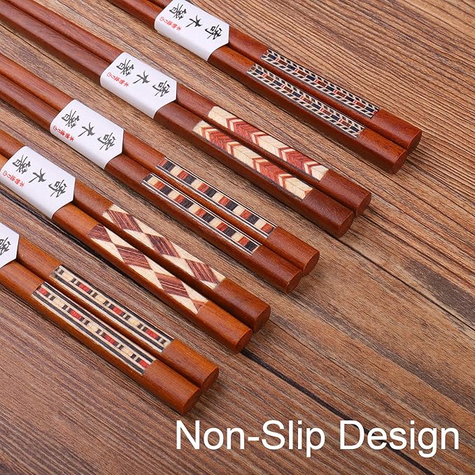 GLAMFIELDS Reusable Chopsticks Japanese Natural Wooden 5 Pairs Classic Style Lightweight Safe Chop Sticks 8.8 Inch/22.5cm Gift Set