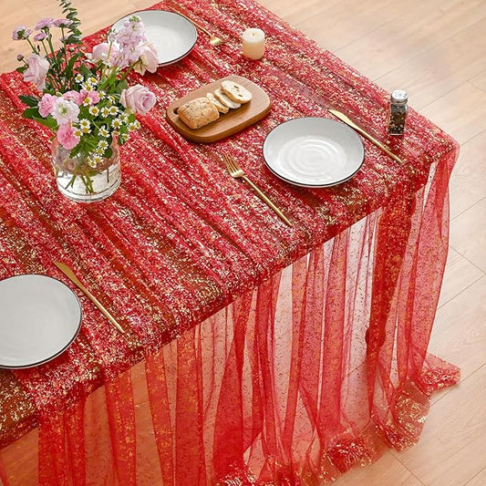 Horaldaily Red Gold Gauze Tablecloth 60x84 Inch Rectangular, Red Sequin Glitter Metallic Foil, Sheer Tulle Cheesecloth for Wedding Baby Shower Ceremony Birthday