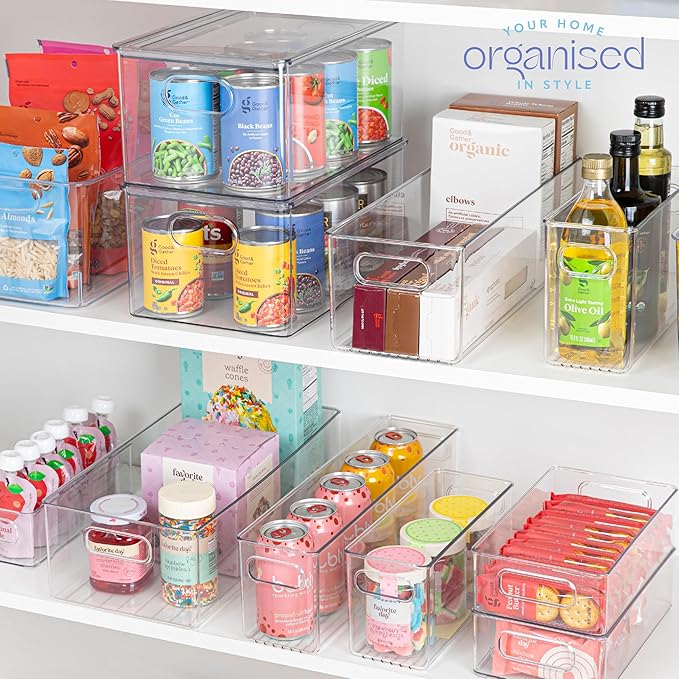 Plastic Food Storage Clear Container Bin with Handles for Organizing Kitchen, Pantry, Fridge, Freezer, Pantry,Bathroom. 16"x6"x5"