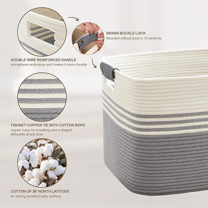 SunNewt 86L Extra Large Laundry Basket with Leather Handles for Living Room Storage, Woven Rope Baskets for Blanket, Kids Toy, Gifts, Wicker Hamper for Bedroom Dirty Clothes, 24"x16"x14" White Grey