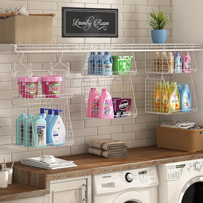 4-Tier Hanging Laundry Room Organizer: Foldable Wire Shelf Basket with 2 Large 1.65" Hooks & 360° Rotating Hooks – Space-Saving Laundry Storage Basket, for Wardrobe Closet Storage, White Patent