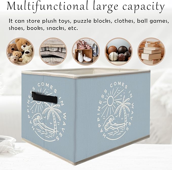 Blue Coastal Beach Storage Bins Box with Handles, Happiness Comes in Waves Collapsible Fabric Storage Basket Box Organizer for Bedroom Bathroom Clothes Toys Books