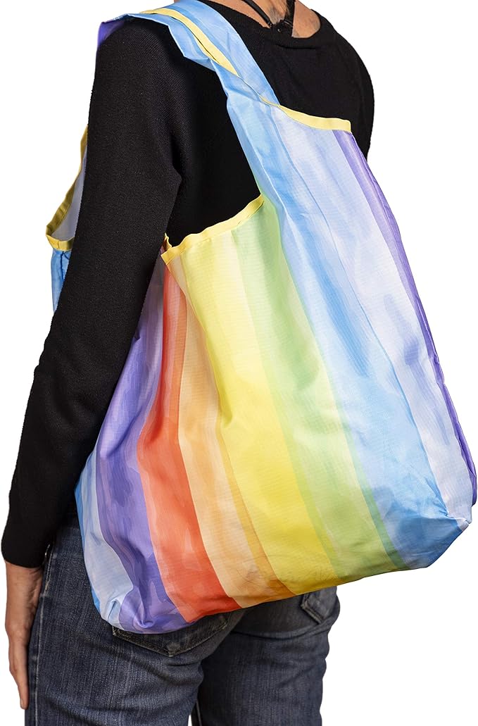 O-WITZ Reusable Grocery Bags | Vibrant Tote Bag For Groceries, Gym, Office, Beach, Toys & More | Washable Design With Large Handles For Maximum Convenience | Folds Into A Small Pouch, 3 Pack, Rainbow