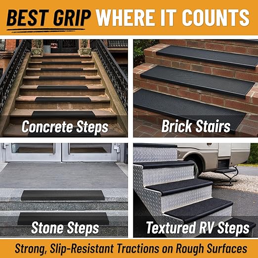 Ottomanson Outdoor Bullnose Stair Treads – Dots Heavy-Duty Non Slip Stair Mats – Strong Grip for Concrete, Brick & Textured Steps – Requires Fastening on Wooden & RV Steps, Pack of 5