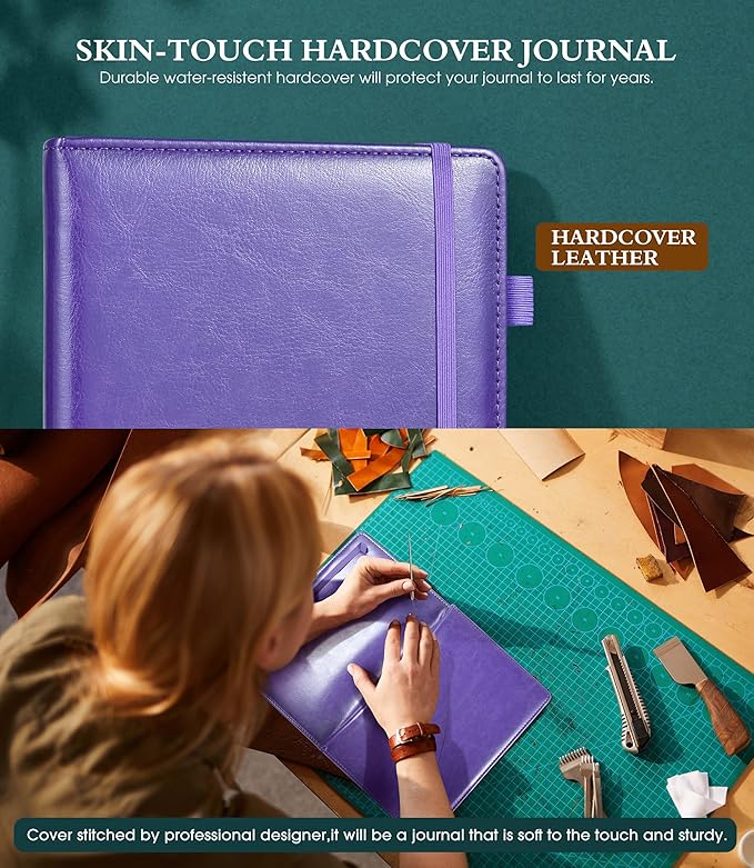 Lined Journal Notebook for Writing, A5 100 GSM Thick Paper, Leather Hardcover Journal for Woman Men, Travel Journal Diary 160 Pages(5.75'' X 8.38''Purple)