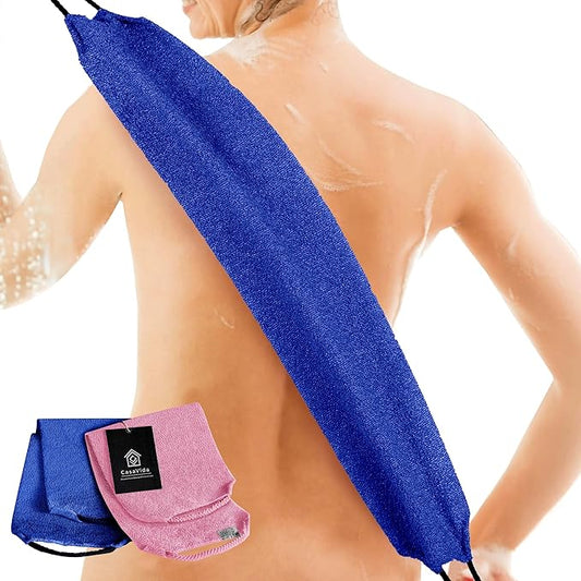 CASAVIDA Back Scrubber for Shower Nylon Bath Towel Washer Exfoliating Washcloth Rear Japanese Stretchable Pull Strap Wash Cloth Exfoliation 2 Pack (Pink + Jean Blue)