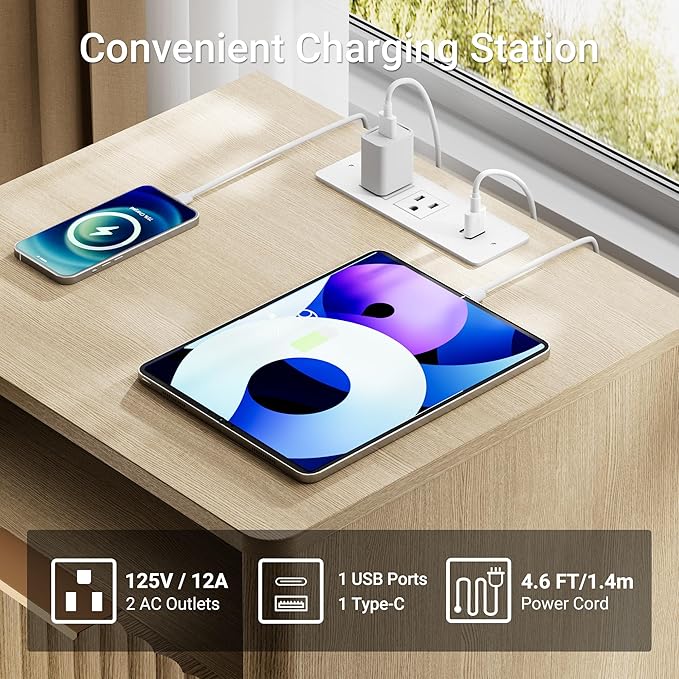 Large Fluted Nightstand with Charging Station, 23" Modern Farmhouse Night Stand, 2 Drawers End Table with Storage, Bedside Table for Bedroom Sofa Home Office, Curved Profile (Natural Oak)