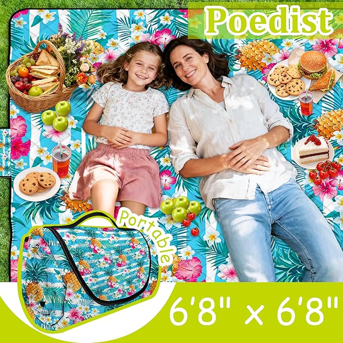 Extra Large Picnic Blanket Waterproof,80"x 80"Foldable Machine Washable Beach Blanket,Outdoor Blanket for 6-8 Adults,Suitable for Indoor Crawling,Park Beach,Camping,Hiking,Family Travel(Pineapple)