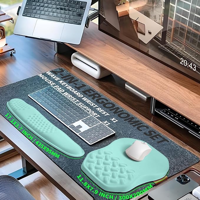 Gleamtide 2-in-1 Ergonomic Set, Wave Keyboard Wrist Rest and Massage Slope Mouse Pad Wrist Support, Rebound Memory Foam for Relieve Carpal Tunnel Syndrome and Wrist Pain (Light Blue)