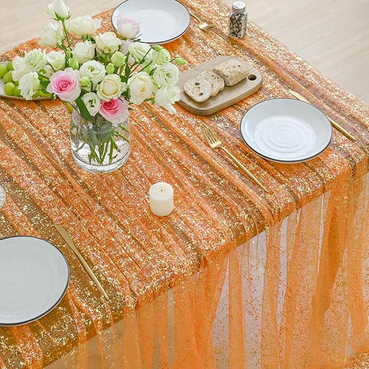 Horaldaily Orange Gold Gauze Tablecloth 60x120 Inch Rectangular, Orange Sequin Glitter Metallic Foil, Sheer Tulle Cheesecloth for Wedding Baby Shower Ceremony Birthday